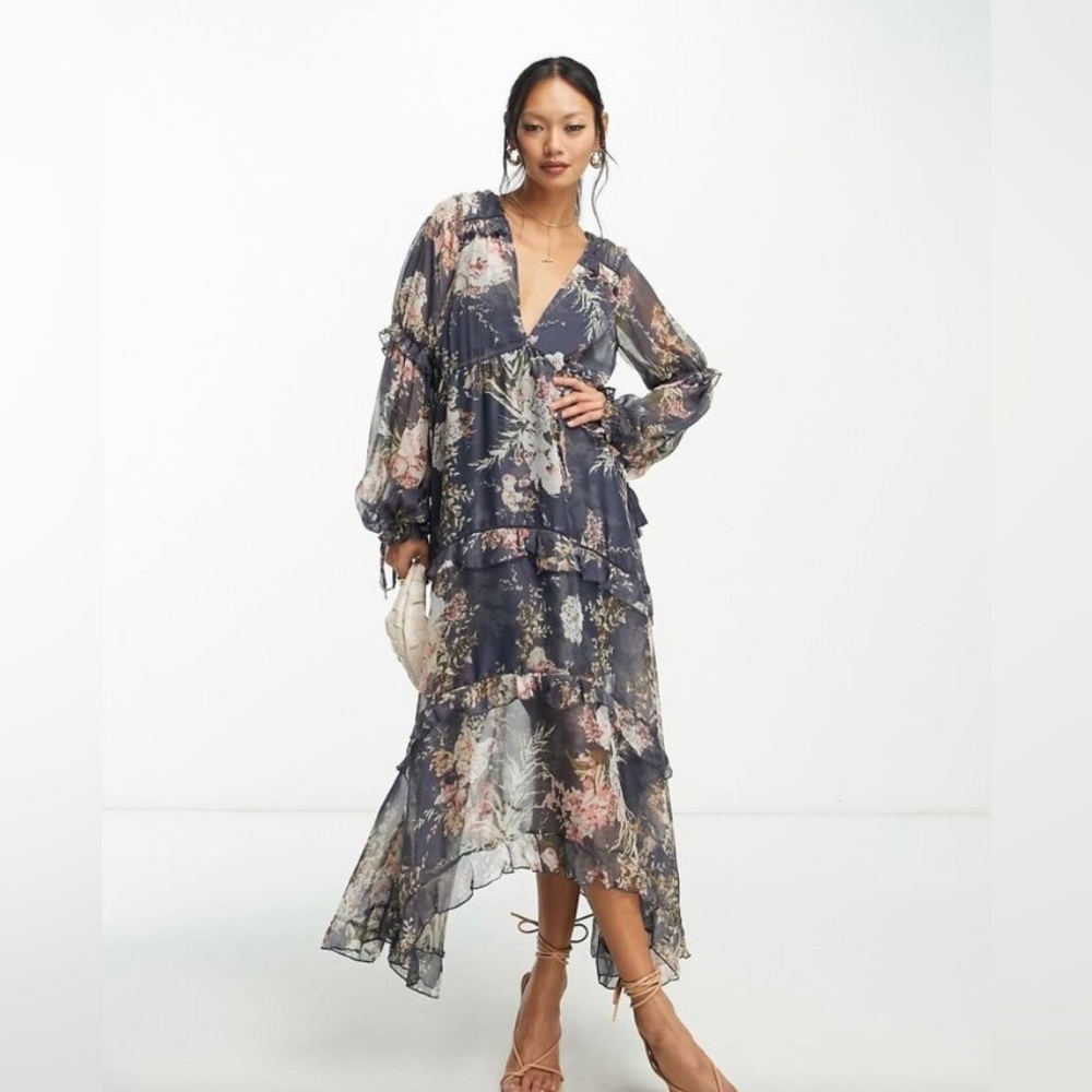 ASOS NEW Navy Floral Ruched Tiered Bohemian Flowy Long Sleeve Midi Dress Size 6